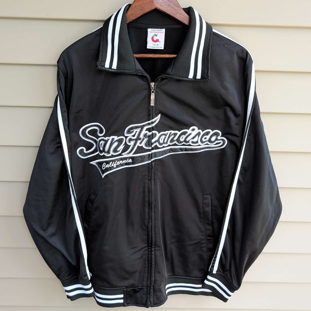 Gogo Sports Track Jacket Mens XL Black San Francisco California Full Zip Striped